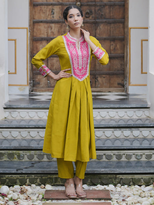 Indo Era Green Embroidered A-Line Kurta Trousers set