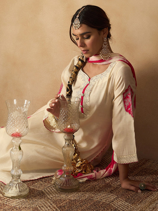 Indo Era Cream Embroidered Straight Kurta Trousers With Dupatta Set