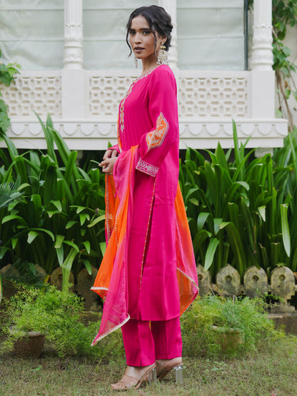 Indo Era Magenta Embroidered Straight Kurta Trousers With Dupatta set