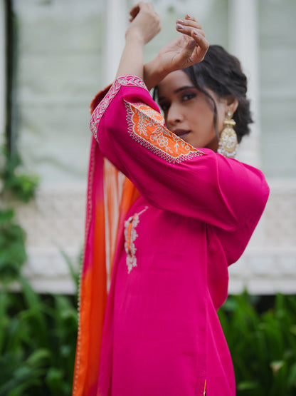 Indo Era Magenta Embroidered Straight Kurta Trousers With Dupatta set