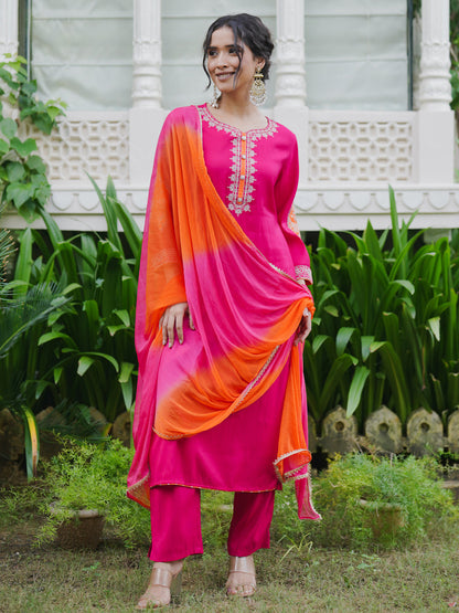 Indo Era Magenta Embroidered Straight Kurta Trousers With Dupatta set