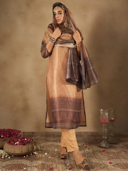 Indo Era Brown Embroidered Straight Kurta Trousers With Dupatta Set
