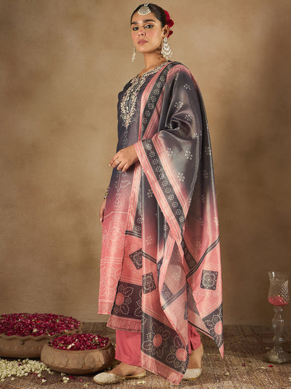 Indo Era Blue Embroidered Straight Kurta Trousers With Dupatta Set
