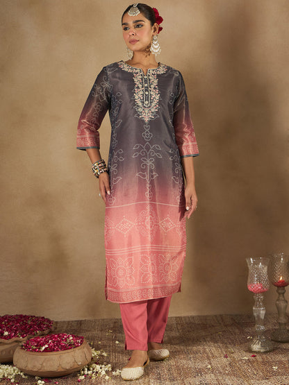 Indo Era Blue Embroidered Straight Kurta Trousers With Dupatta Set