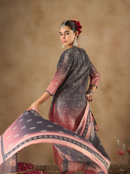 Indo Era Blue Embroidered Straight Kurta Trousers With Dupatta Set