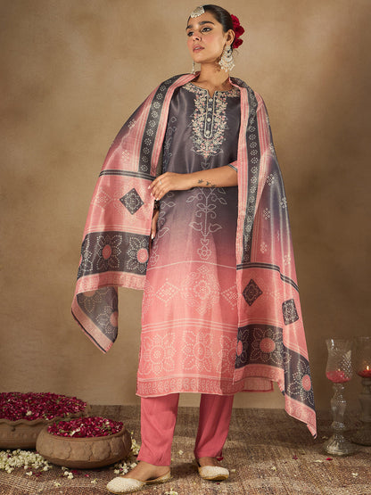 Indo Era Blue Embroidered Straight Kurta Trousers With Dupatta Set