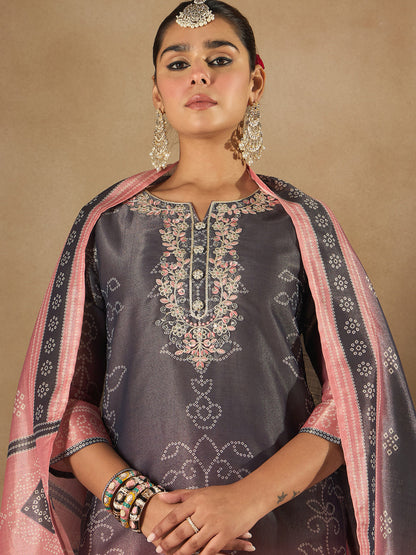 Indo Era Blue Embroidered Straight Kurta Trousers With Dupatta Set