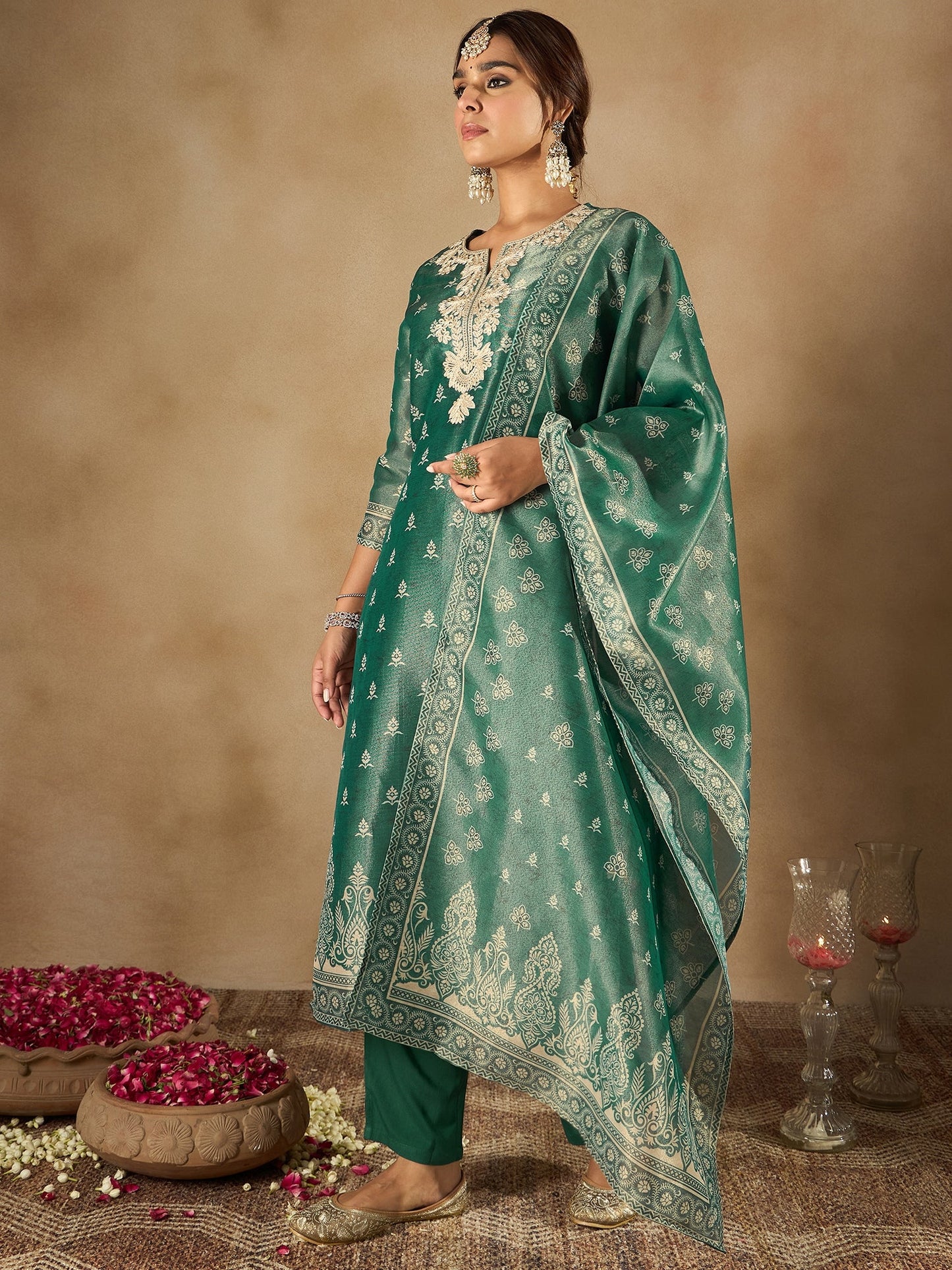Indo Era Green Embroidered Straight Kurta Trousers With Dupatta Set