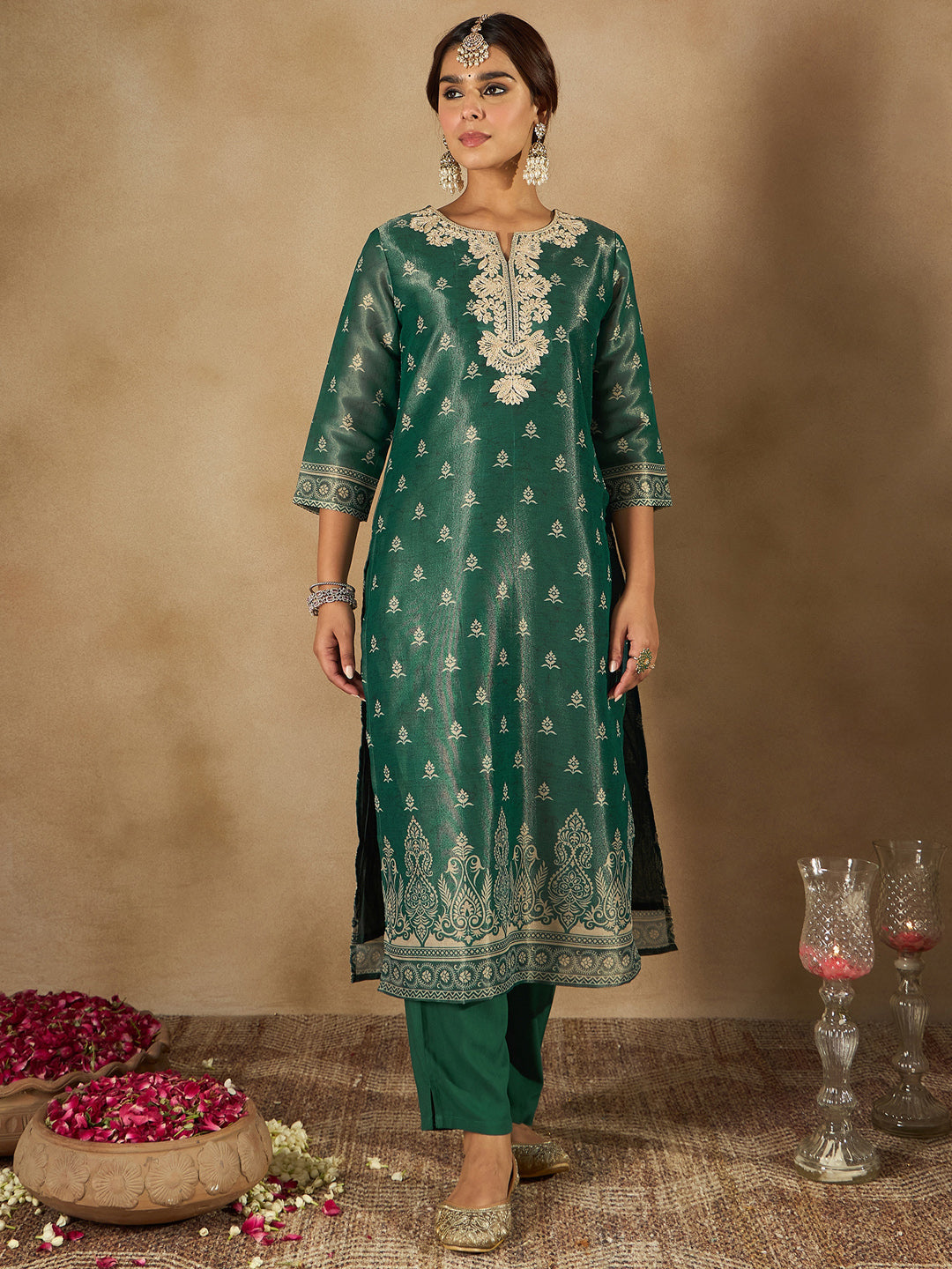 Indo Era Green Embroidered Straight Kurta Trousers With Dupatta Set