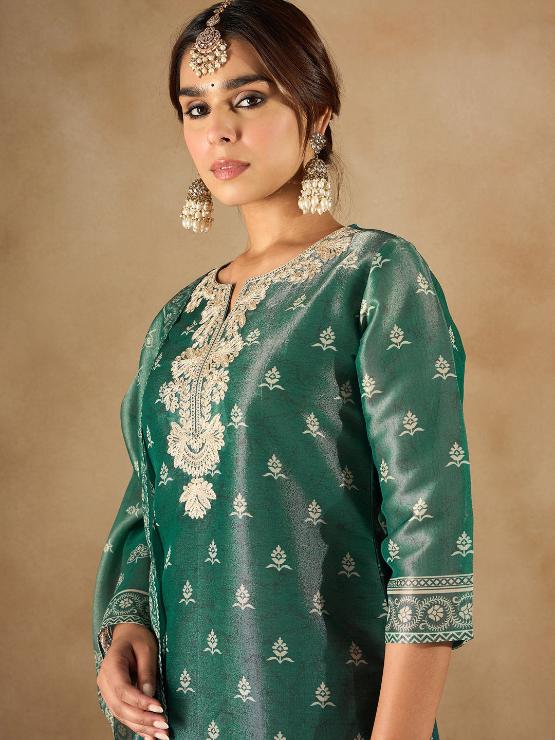 Indo Era Green Embroidered Straight Kurta Trousers With Dupatta Set
