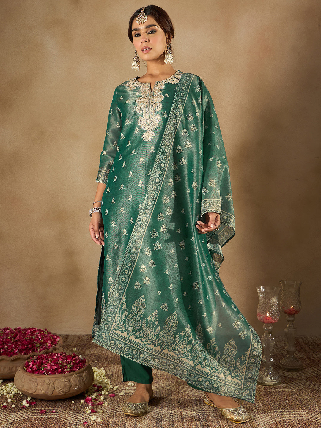 Indo Era Green Embroidered Straight Kurta Trousers With Dupatta Set