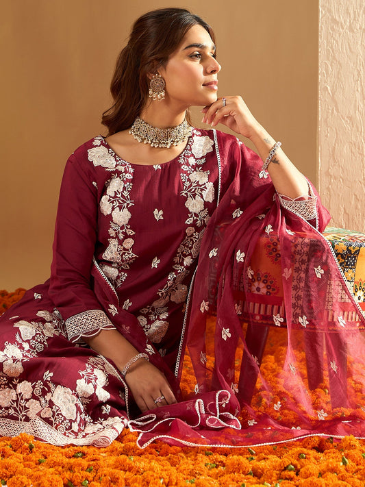 Maroon Embroidered Straight Kurta Trousers With Dupatta Set