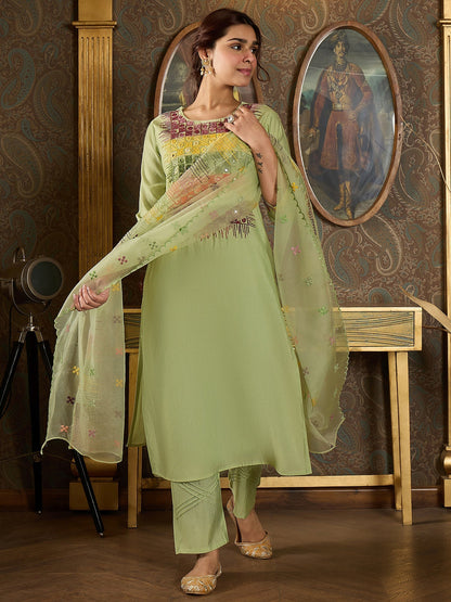 Indo Era Green Embroidered Straight Kurta Trousers With Dupatta Set