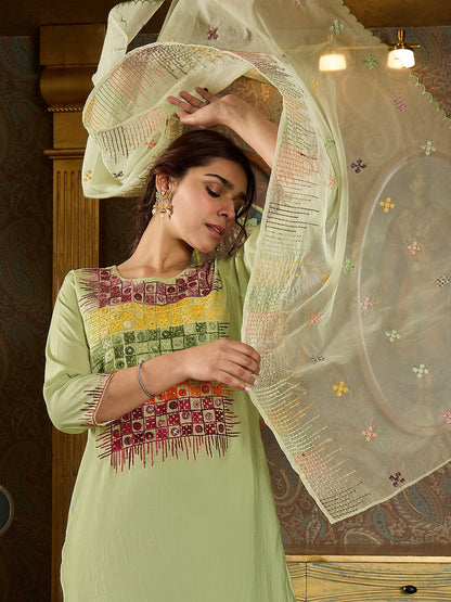 Indo Era Green Embroidered Straight Kurta Trousers With Dupatta Set