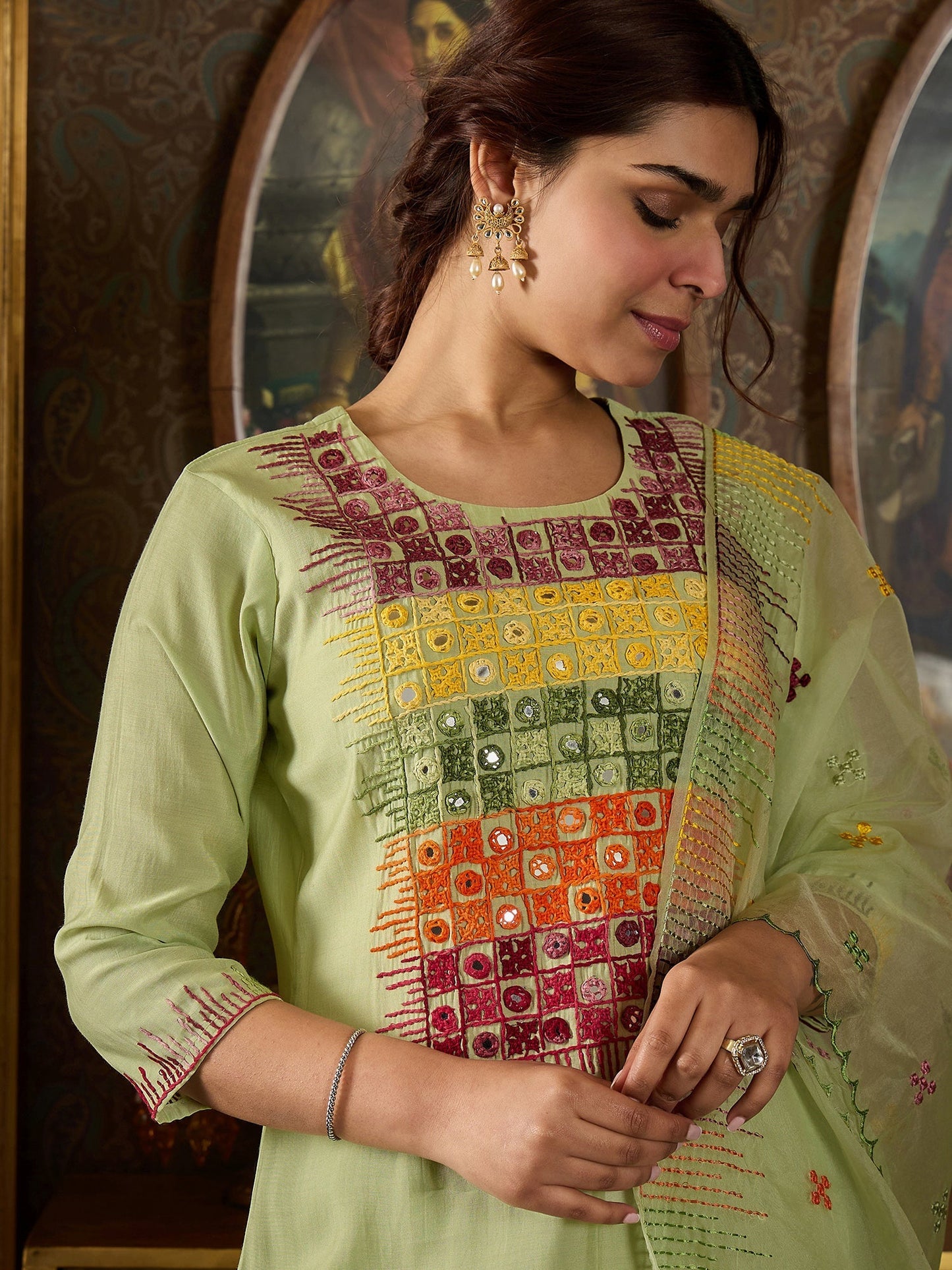 Indo Era Green Embroidered Straight Kurta Trousers With Dupatta Set