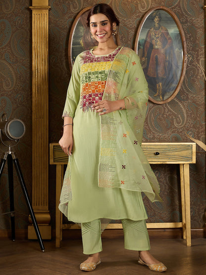 Indo Era Green Embroidered Straight Kurta Trousers With Dupatta Set