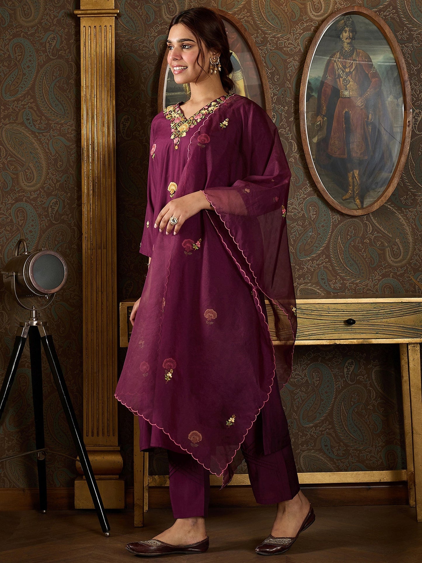 Indo Era Burgundy Embroidered Straight Kurta Trousers With Dupatta Set