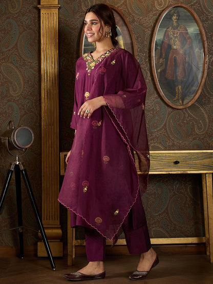 Indo Era Burgundy Embroidered Straight Kurta Trousers With Dupatta Set