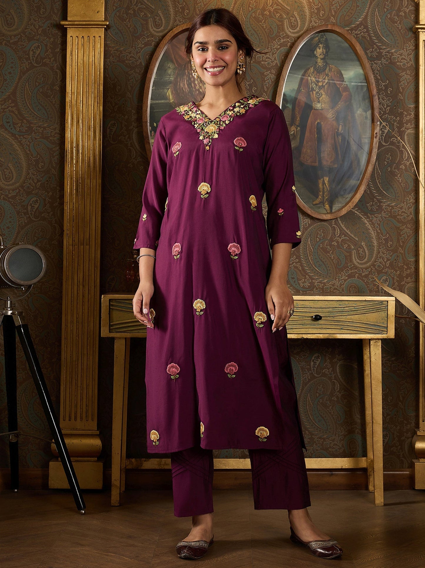 Indo Era Burgundy Embroidered Straight Kurta Trousers With Dupatta Set