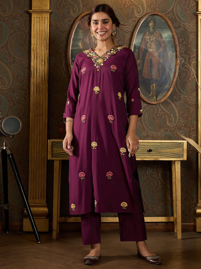 Indo Era Burgundy Embroidered Straight Kurta Trousers With Dupatta Set