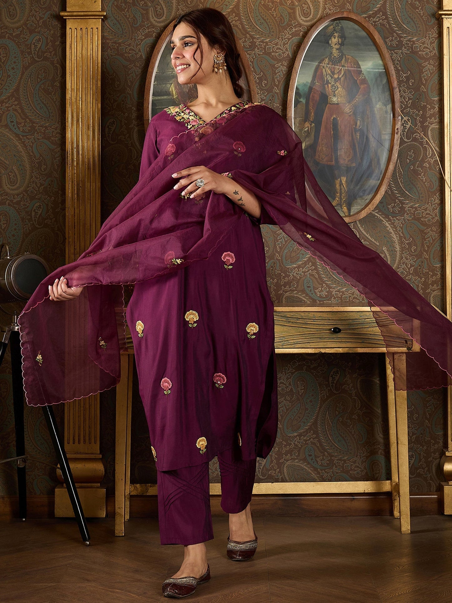 Indo Era Burgundy Embroidered Straight Kurta Trousers With Dupatta Set