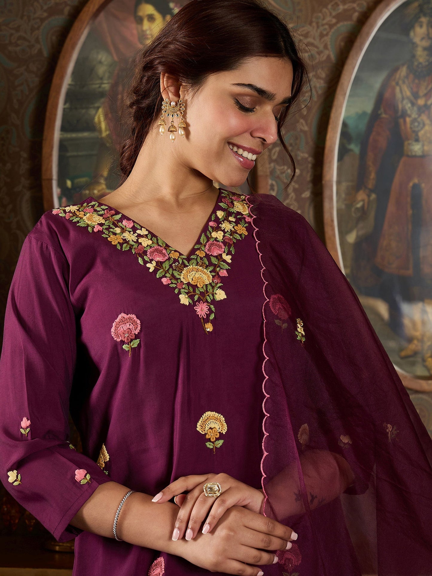 Indo Era Burgundy Embroidered Straight Kurta Trousers With Dupatta Set