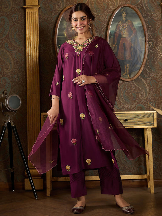 Indo Era Burgundy Embroidered Straight Kurta Trousers With Dupatta Set