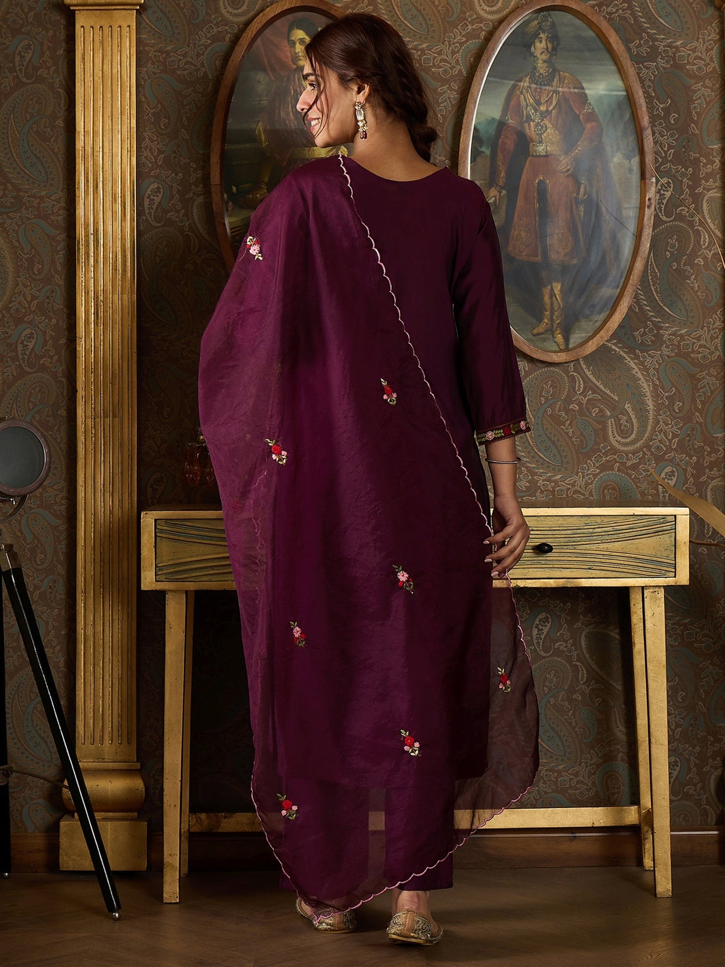 Indo Era Burgundy  Straight Kurta Trousers With Dupatta Set