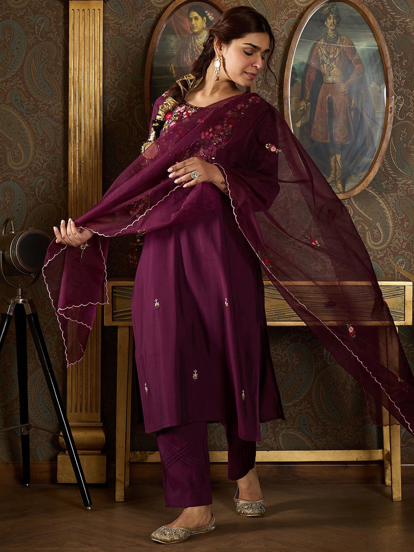Indo Era Burgundy  Straight Kurta Trousers With Dupatta Set