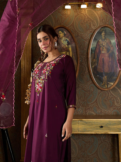 Indo Era Burgundy  Straight Kurta Trousers With Dupatta Set