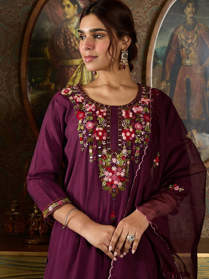Indo Era Burgundy  Straight Kurta Trousers With Dupatta Set