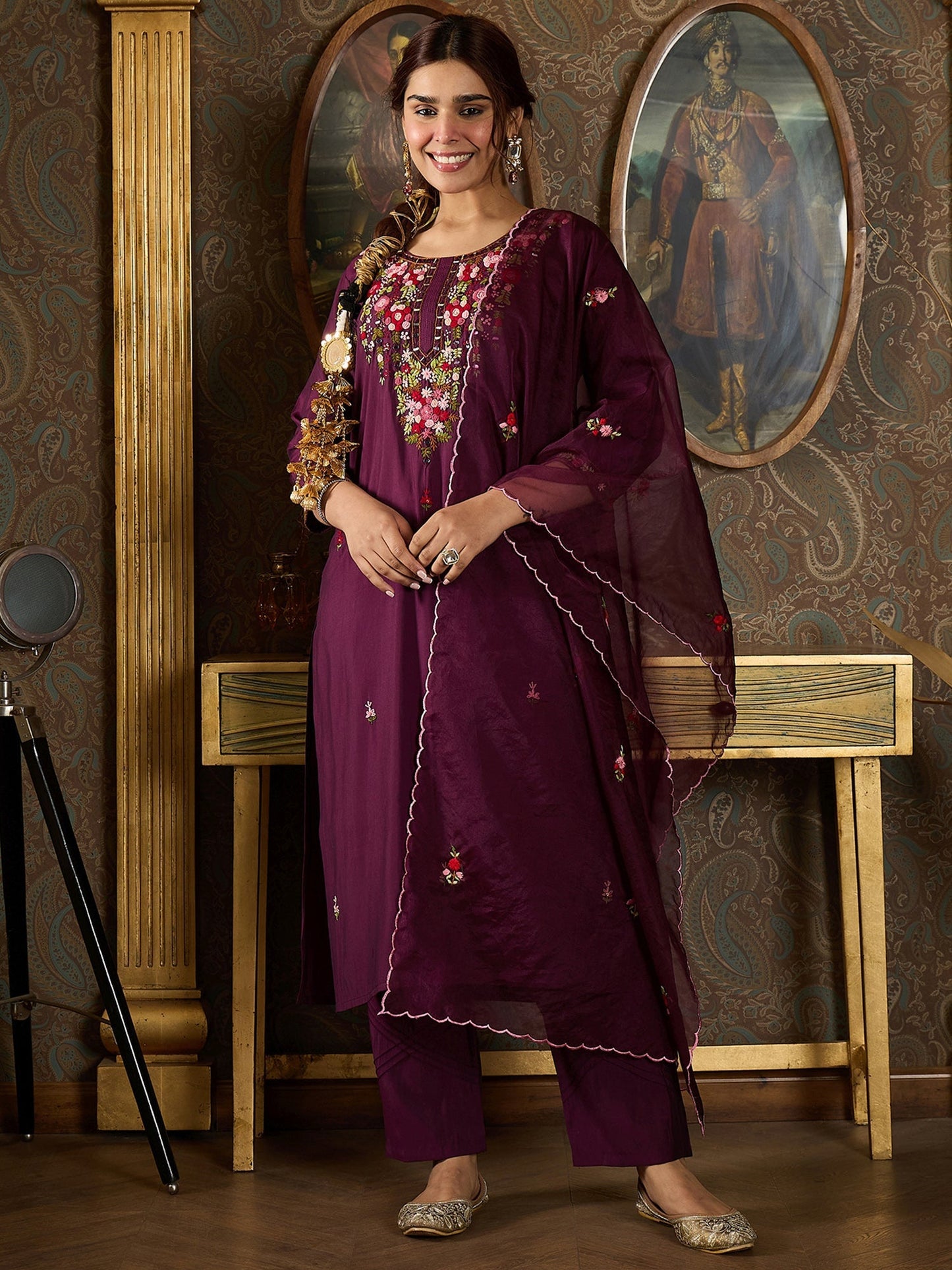 Indo Era Burgundy  Straight Kurta Trousers With Dupatta Set