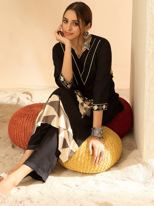 Indo Era Black Printed Straight Kurta Trousers set