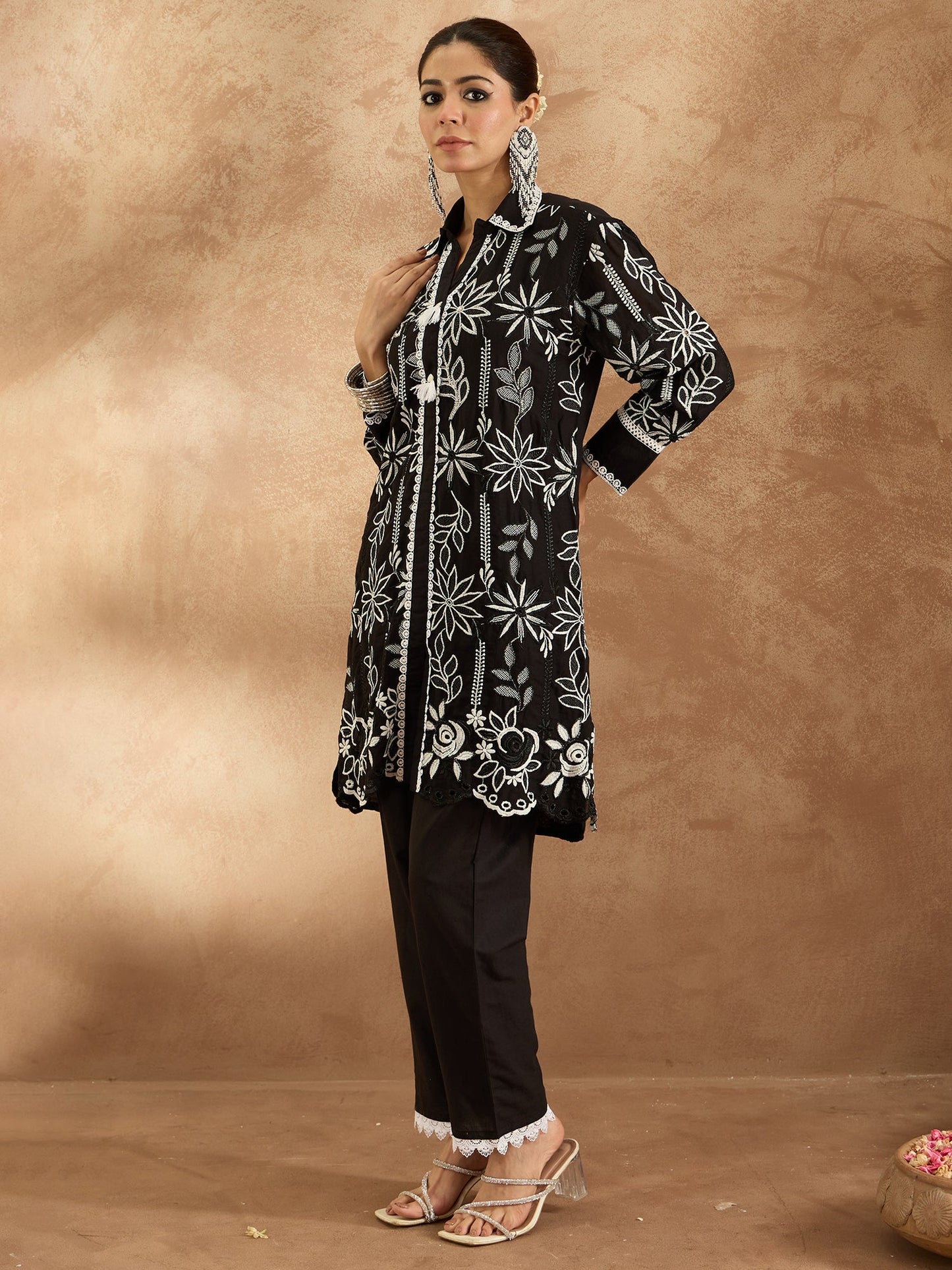 Indo Era Black Embroidered Straight Kurta Trousers set