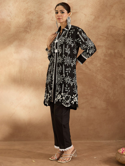 Indo Era Black Embroidered Straight Kurta Trousers set