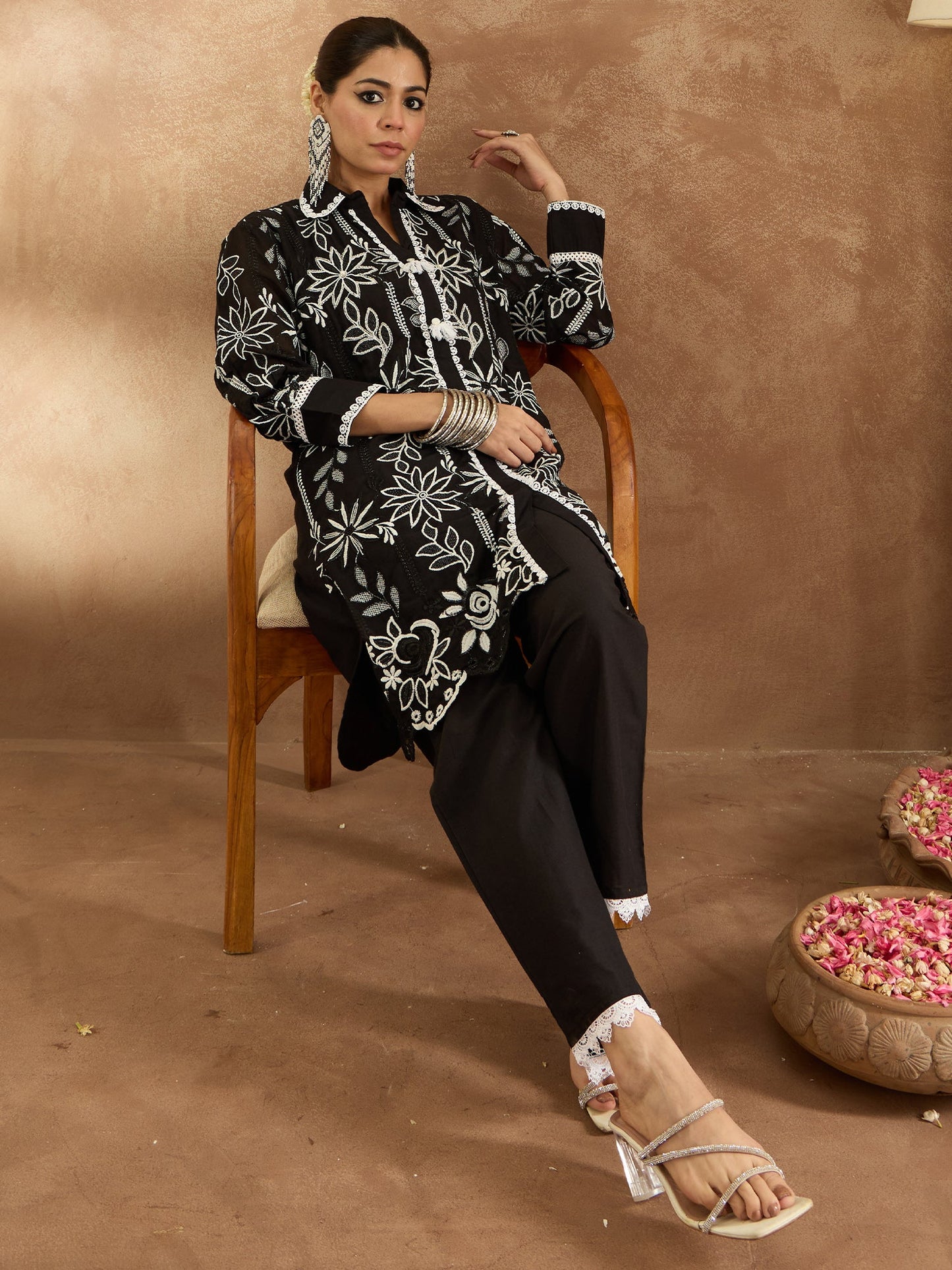 Indo Era Black Embroidered Straight Kurta Trousers set