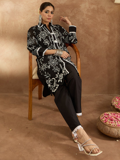 Indo Era Black Embroidered Straight Kurta Trousers set