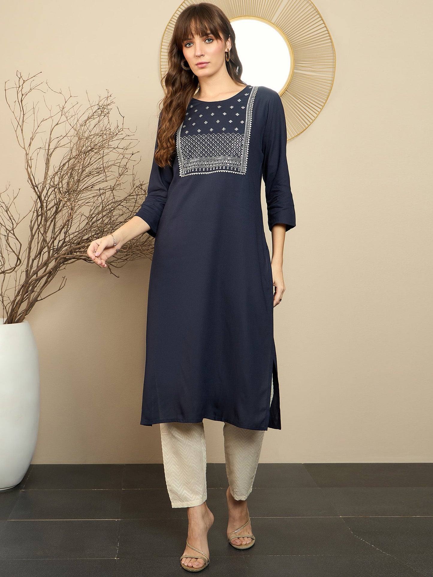 Indo Era Blue Ethnic Motifs Embroidered Sequinned Kurta