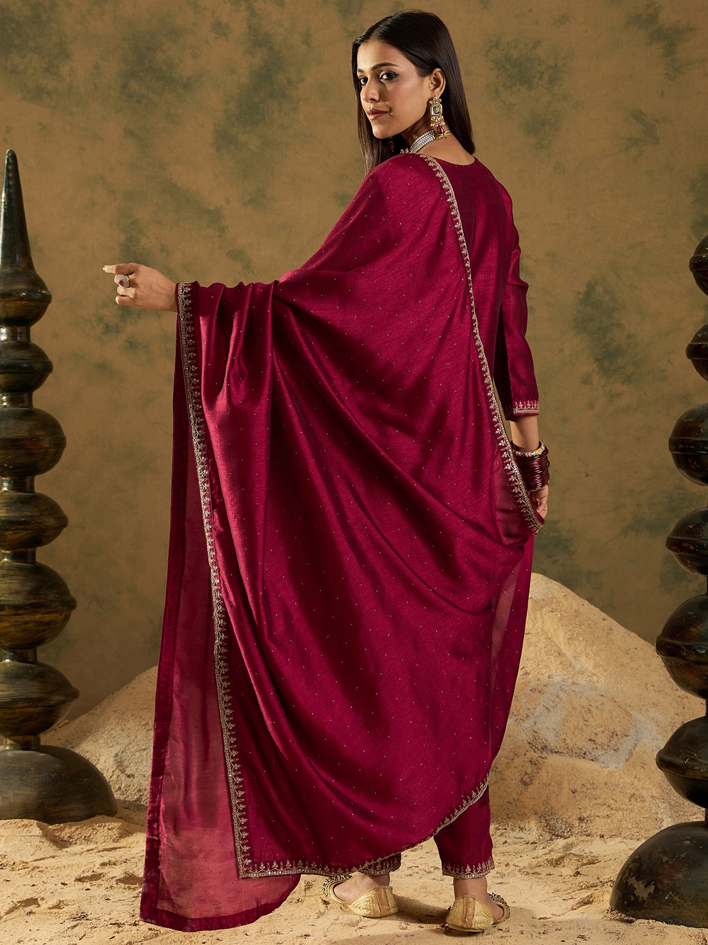 Maroon Embroidered Straight Kurta Trousers With Dupatta Set