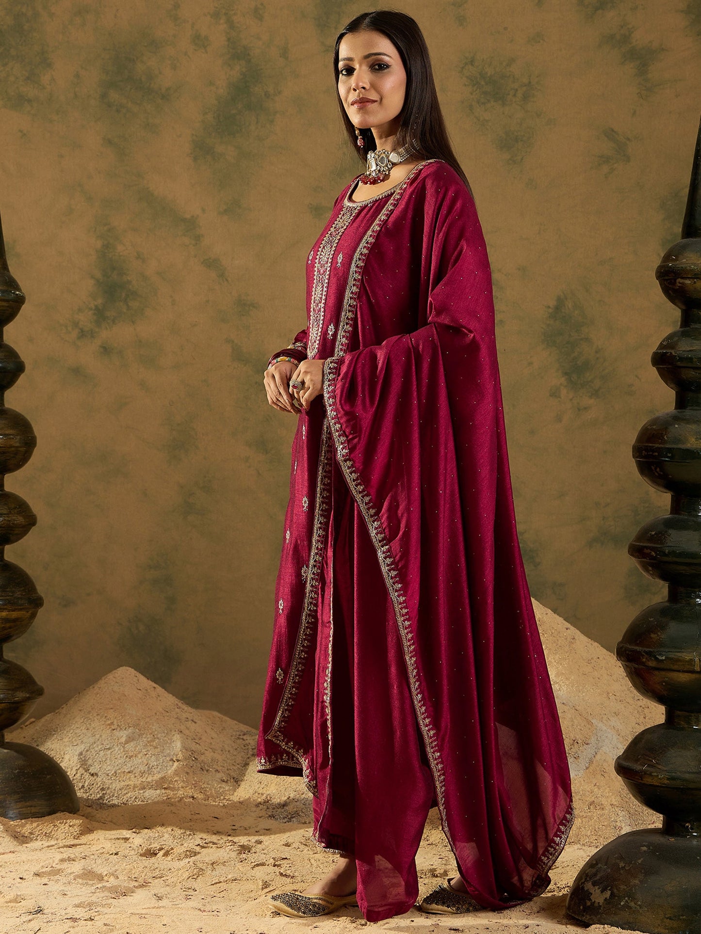 Maroon Embroidered Straight Kurta Trousers With Dupatta Set