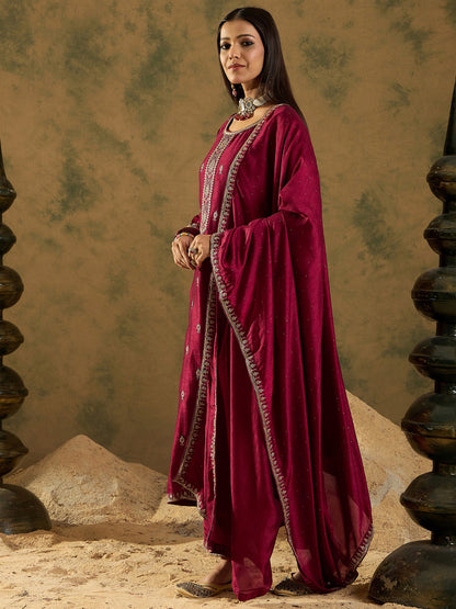 Maroon Embroidered Straight Kurta Trousers With Dupatta Set