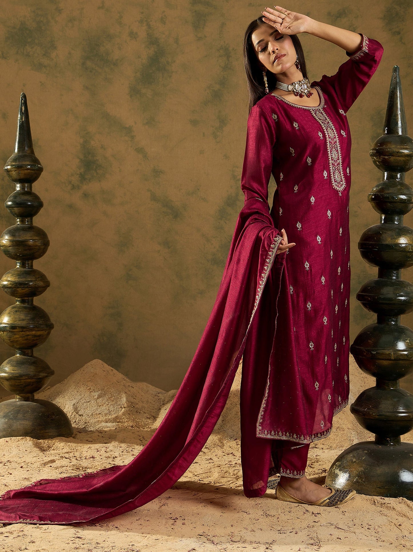 Maroon Embroidered Straight Kurta Trousers With Dupatta Set