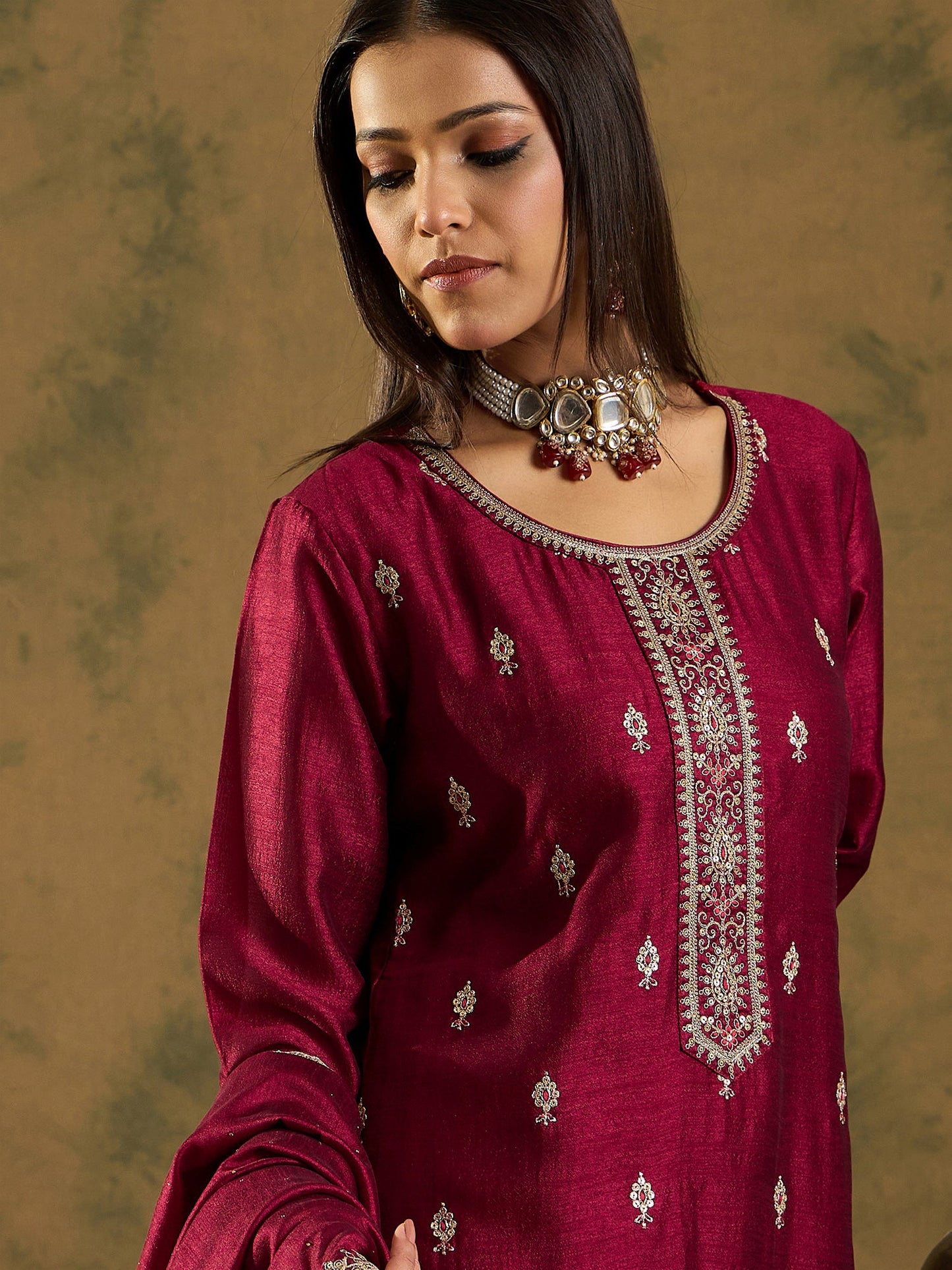 Maroon Embroidered Straight Kurta Trousers With Dupatta Set