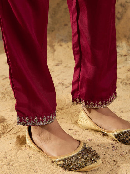 Maroon Embroidered Straight Kurta Trousers With Dupatta Set