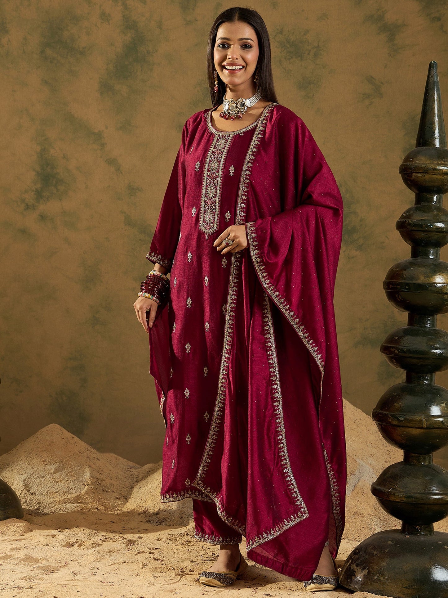 Maroon Embroidered Straight Kurta Trousers With Dupatta Set