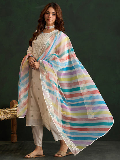 Indo Era Cream Embroidered Straight Kurta Trousers With Dupatta Set