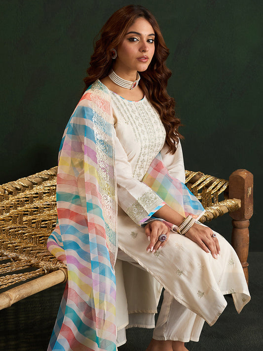 Indo Era Cream Embroidered Straight Kurta Trousers With Dupatta Set
