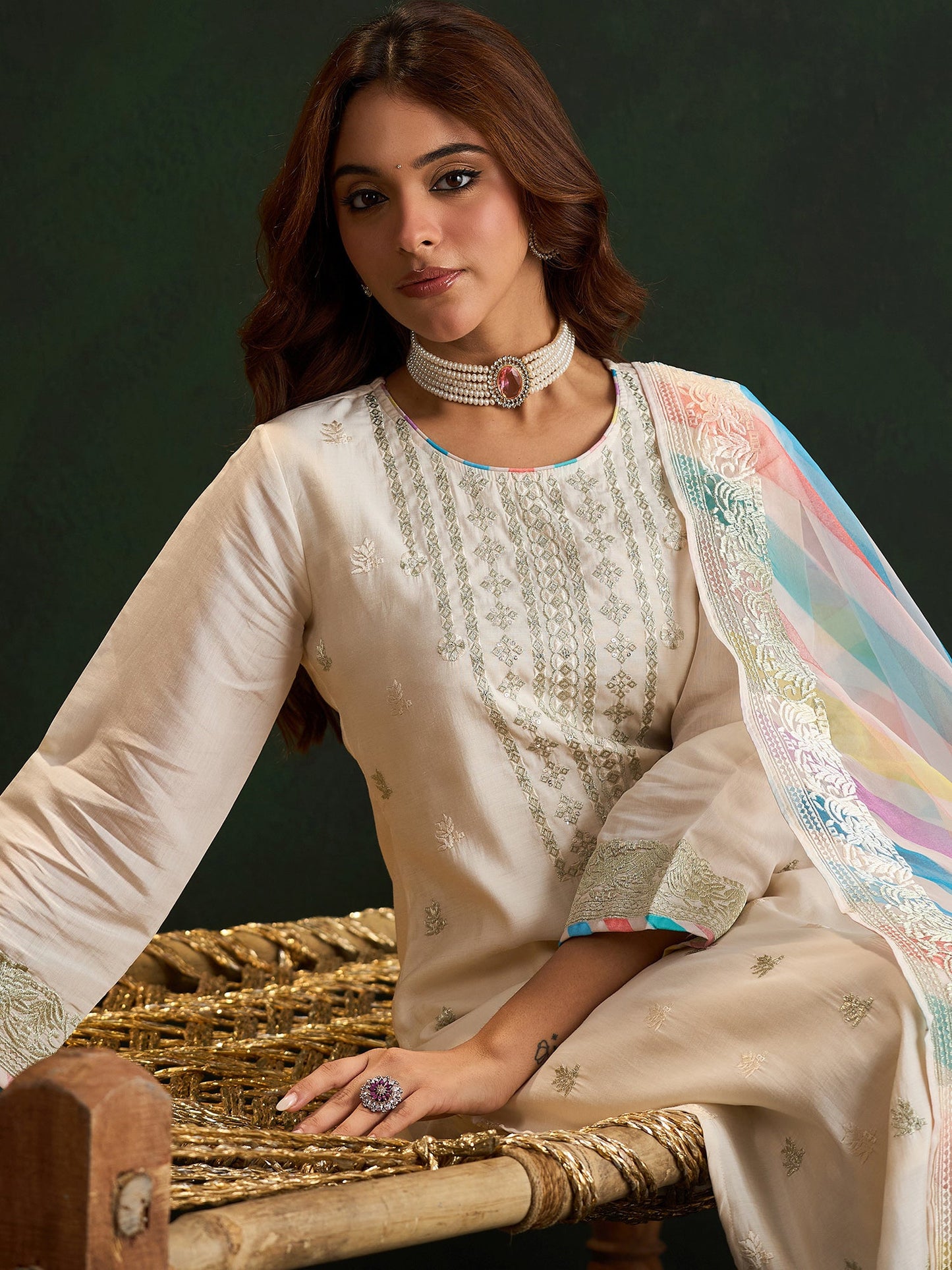 Indo Era Cream Embroidered Straight Kurta Trousers With Dupatta Set