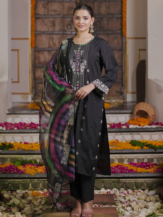 Indo Era Black Embroidered Straight Kurta Trousers With Dupatta Set