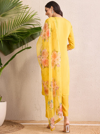 Yellow Embroidered Straight Kurta Trousers With Dupatta set